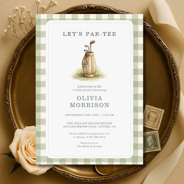Golf Par-Tee Gingham Sage Green Baby Shower Invitation (Creator Uploaded)
