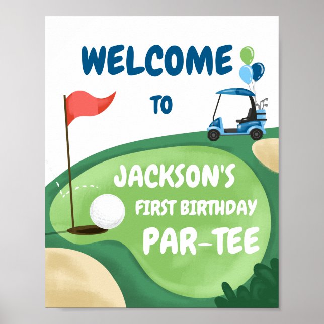 Golf Par-Tee Hole in One Boy Birthday Blue Welcome Poster (Front)