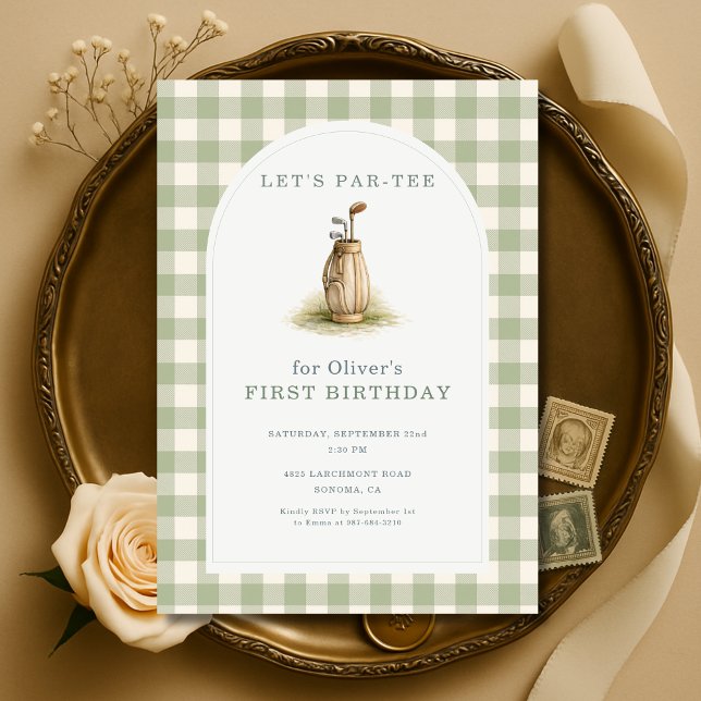 Golf Par-Tee Sage Green Gingham 1st Birthday Invitation (Creator Uploaded)