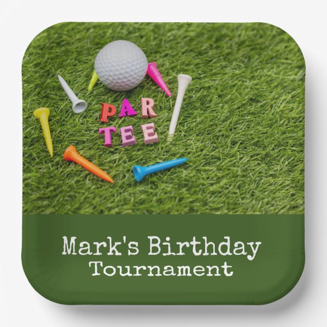 Golf  Par tee with golf ball on green Paper Plate (Front)