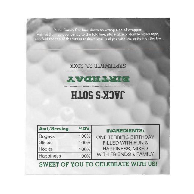 Golf Party Favour Chocolate Candy Wrappers Notepad (Front)