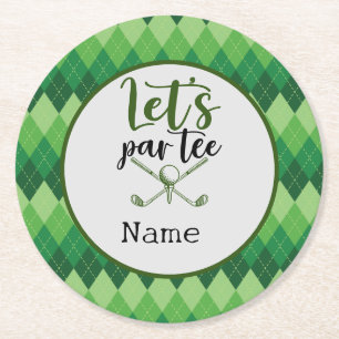 Golf Party Green Argyle Round Paper Coaster