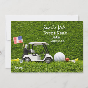 Golf Party with golf cart and flag of America Save The Date