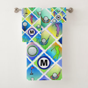Golf Pattern Blue Initial Bath Towel Set