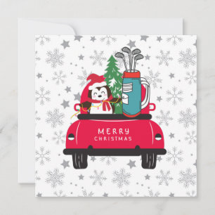 Golf Penguin golfer with golf cart Merry Christmas Card