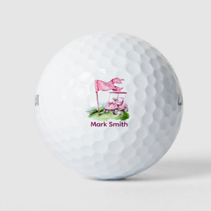 Golf pink flag and pink cart with name balls