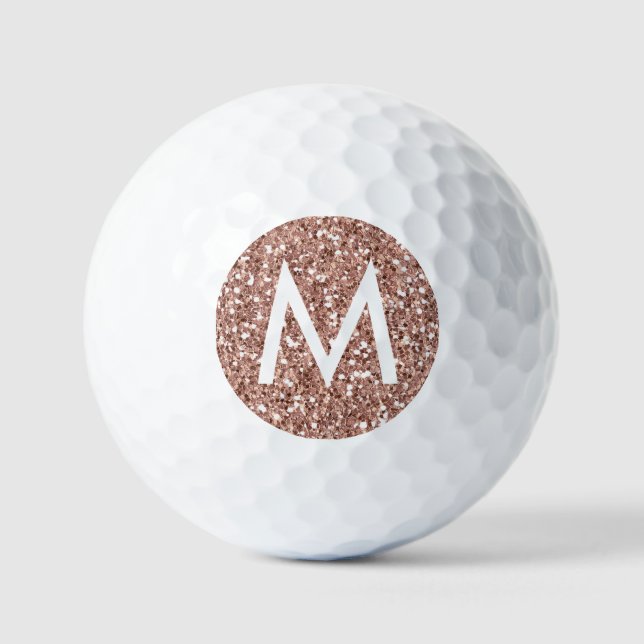 Golf Pink Monogram Initial Rose Gold Glitter Golf Balls (Front)