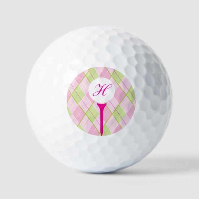 Golf pink plaid monogram initial golf balls (Front)
