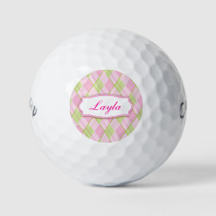 Golf pink plaid personalised named golf balls