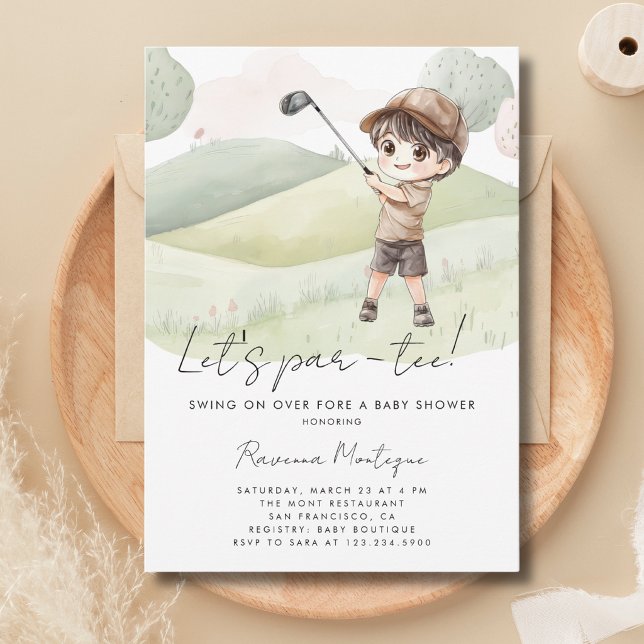 Golf Player Boy Lets Par-Tee Baby Shower Invitation (Creator Uploaded)