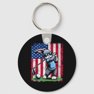 Golf Player Bunny Easter Egg Golfers American Flag Key Ring
