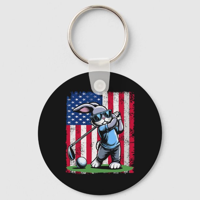 Golf Player Bunny Easter Egg Golfers American Flag Key Ring (Front)