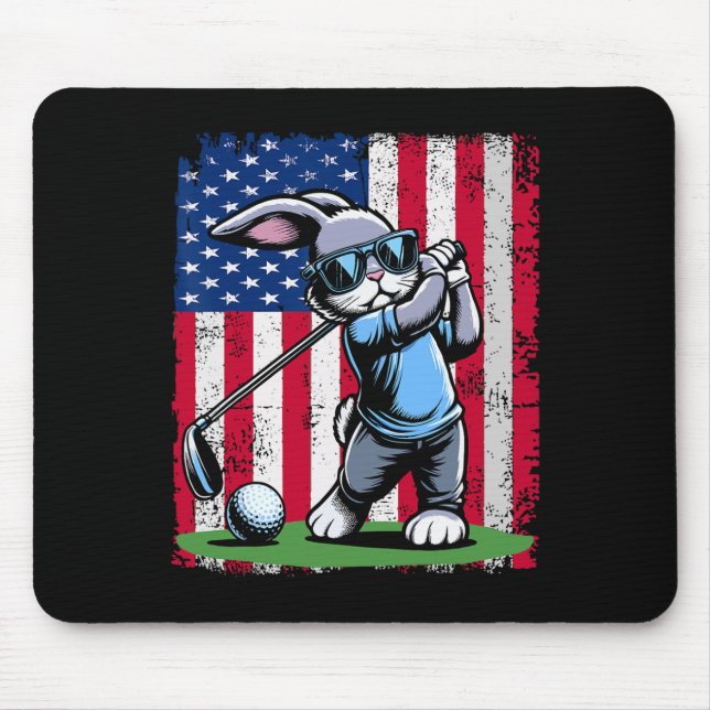 Golf Player Bunny Easter Egg Golfers American Flag Mouse Pad (Front)