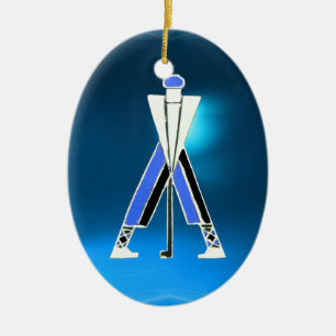GOLF PLAYER,GOLFER BLUE SAPPHIRE MONOGRAM CERAMIC ORNAMENT