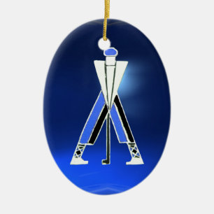 GOLF PLAYER,GOLFER BLUE SAPPHIRE MONOGRAM CERAMIC TREE DECORATION