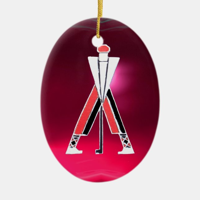 GOLF PLAYER,GOLFER RED PINK RUBY MONOGRAM CERAMIC TREE DECORATION (Front)