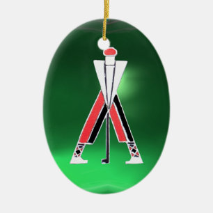 GOLF PLAYER,GOLFER RED RUBY,GREEN EMERALD MONOGRAM CERAMIC ORNAMENT