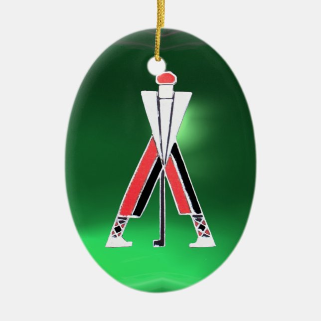 GOLF PLAYER,GOLFER RED RUBY,GREEN EMERALD MONOGRAM CERAMIC ORNAMENT (Front)