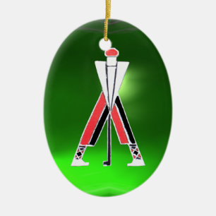 GOLF PLAYER,GOLFER RED RUBY,GREEN EMERALD MONOGRAM CERAMIC TREE DECORATION