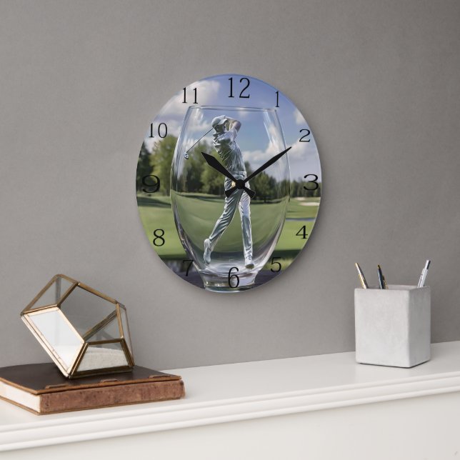 Golf Player In A Glass Tumbler With Golf Course, Large Clock (Office)