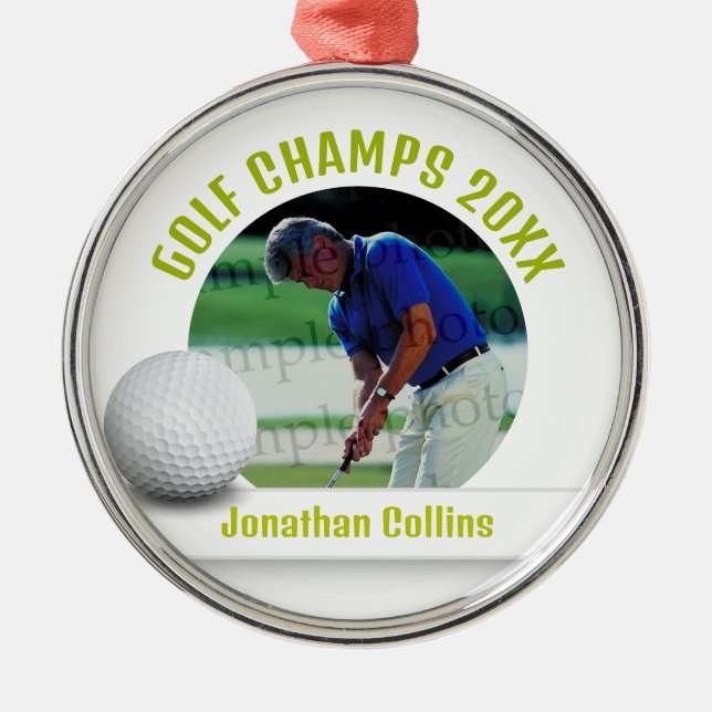Golf Player Photo | Golf Champs 20XX Metal Ornament (Front)