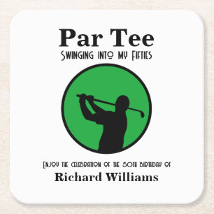 Golf Player Swinging into My Fifties 50th Birthday Square Paper Coaster