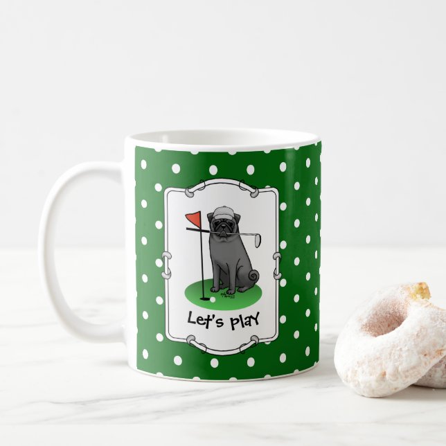 Golf Pug Playing Golf (black) Cute Dog Funny Coffee Mug (With Donut)