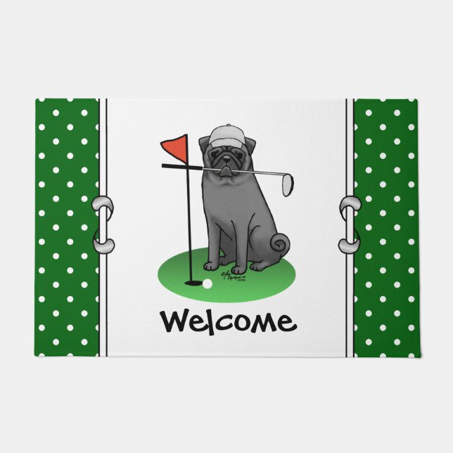Golf Pug Playing Golf (black) Cute Dog Funny Doormat (Front)