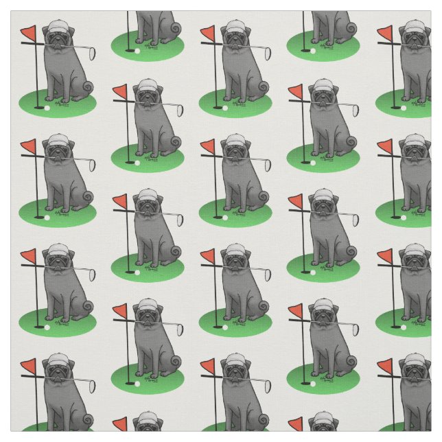 Golf Pug Playing Golf (black) Cute Dog Funny Fabric (Swatch)