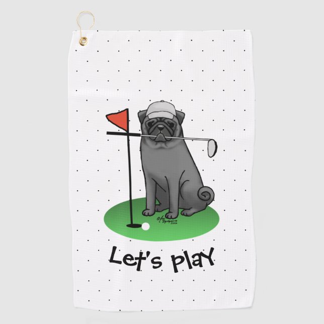 Golf Pug Playing Golf (black) Cute Dog Funny Golf Towel (Front)