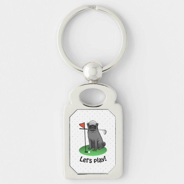 Golf Pug Playing Golf (black) Cute Dog Funny Key Ring (Front)