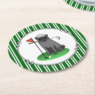 Golf Pug Playing Golf (black) Cute Dog Funny Round Paper Coaster