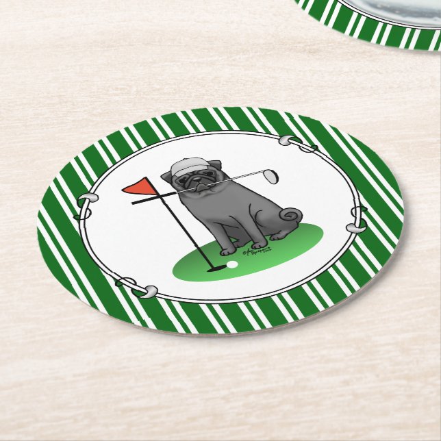 Golf Pug Playing Golf (black) Cute Dog Funny Round Paper Coaster (Angled)