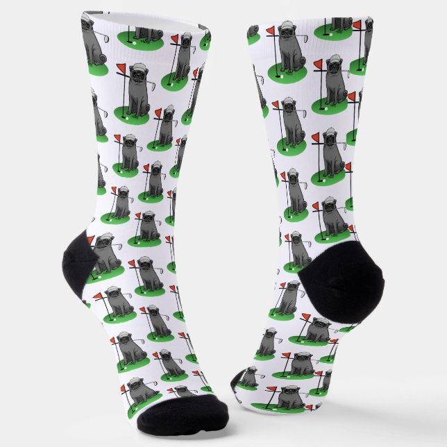 Golf Pug Playing Golf (black) Cute Dog Funny Socks (Angled)