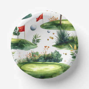 Golf Putting Green with red flag Paper Plate
