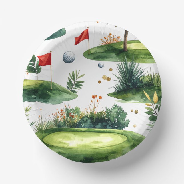 Golf Putting Green with red flag  Paper Plate (Front)