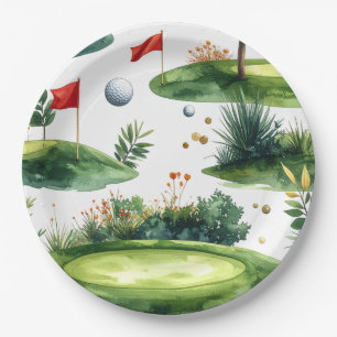 Golf Putting Green with red flag  Paper Plate