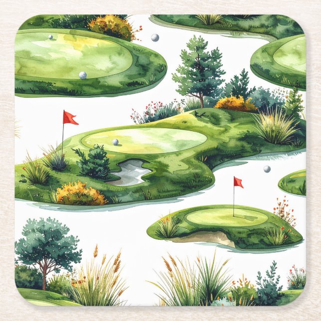 Golf Putting Green with red flag  Square Paper Coaster (Front)