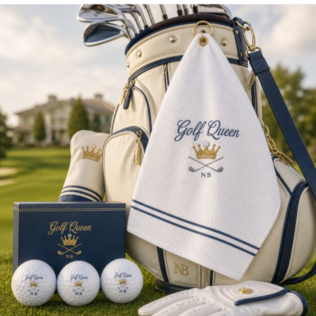 "Golf Queen" Golf Event Golf Ball Gift For Her (Luxury Golf Queen towel and personalized golf balls styled for elegant country club gifting.)