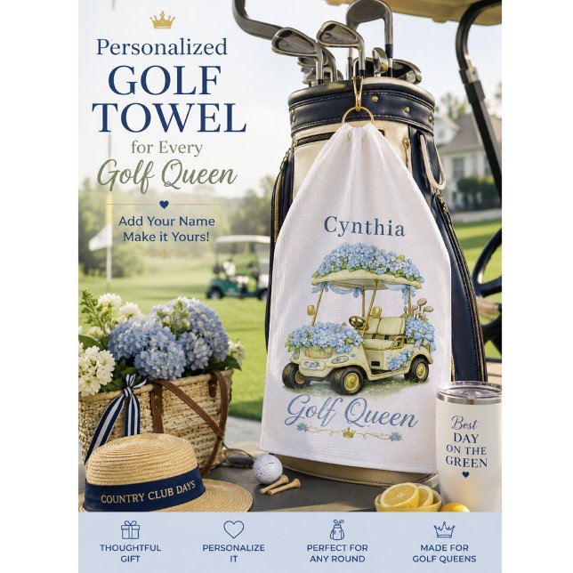 Golf Queen Hydrangea Personalised Name Golf Towel (Elegant personalized golf towel gift for women, tournaments, birthdays, prizes & country clubs.)