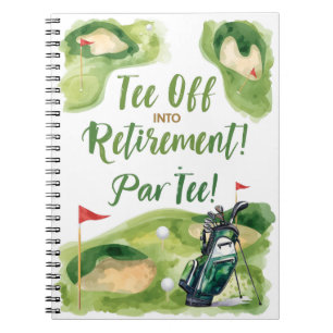 Golf retirement party with golf bag on green notebook