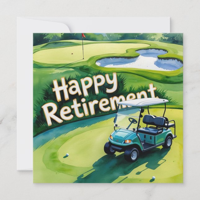 Golf retirement with golf cart on putting green  card (Front)