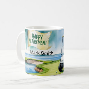 Golf retirement with golf cart on putting green  coffee mug