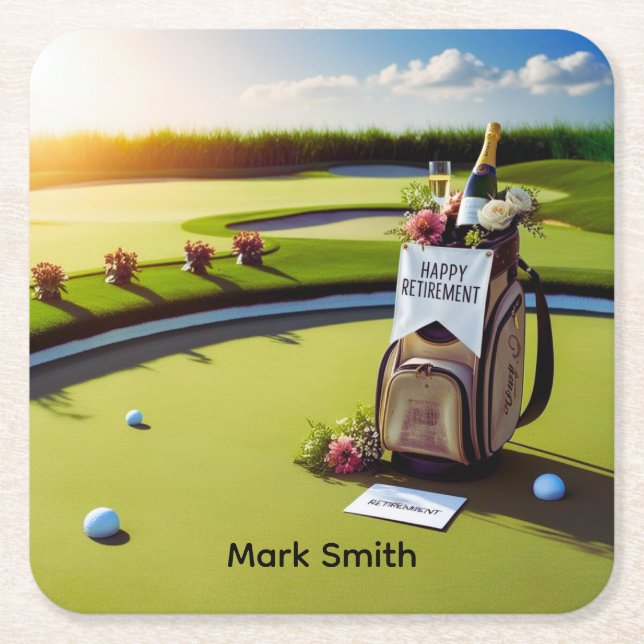 Golf Retirement with golf themed  Square Paper Coaster (Front)