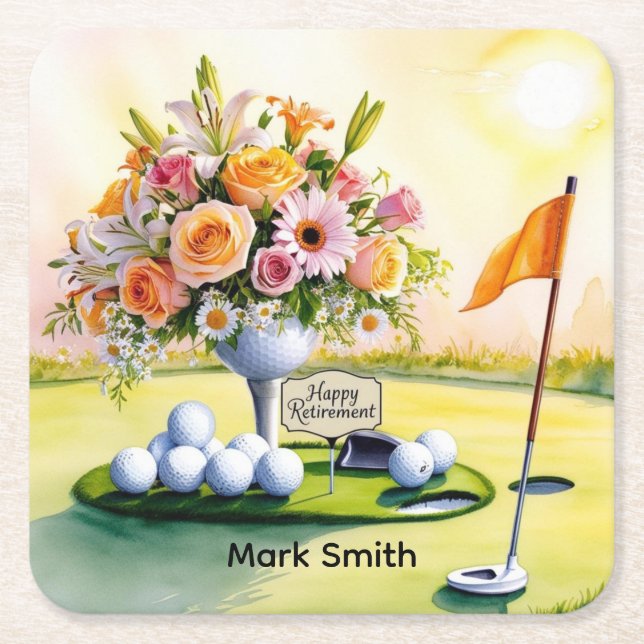 Golf Retirement with golf themed  Square Paper Coaster (Front)