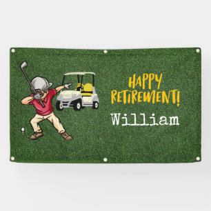 Golf Retirement with golfer dabbing on green grass Banner