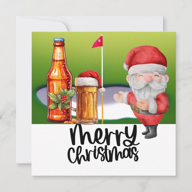 Golf Santa and Beer for Christmas Funny Golfer  Holiday Card (Front)