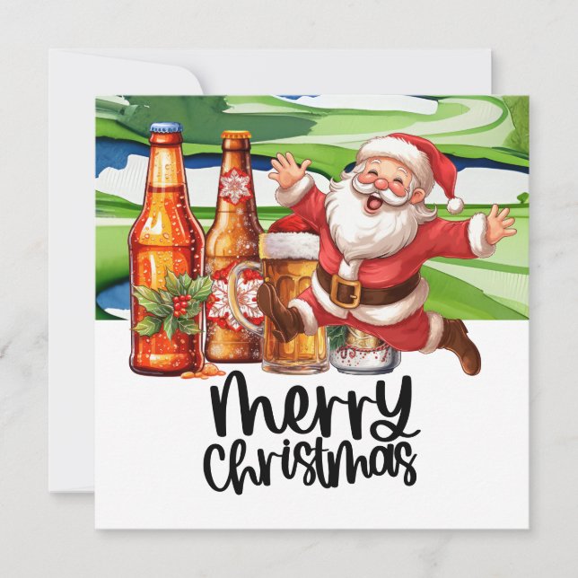Golf Santa and Beer for Christmas Funny Golfer  Holiday Card (Front)