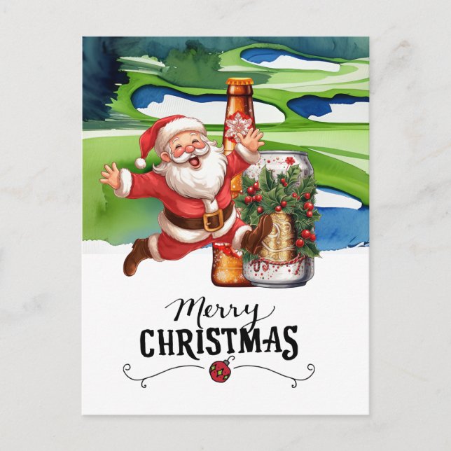Golf Santa and Beer for Christmas Funny  Holiday Postcard (Front)