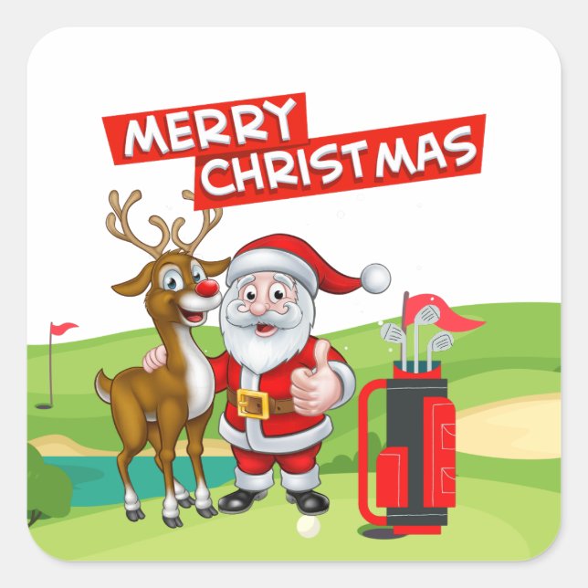 Golf Santa Claus golfer Merry Christmas on Green  Square Sticker (Front)